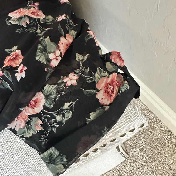 Pink Blush Short Black Chiffon V Neck Dress with Pink and Green Floral Motif - Picture 5 of 9